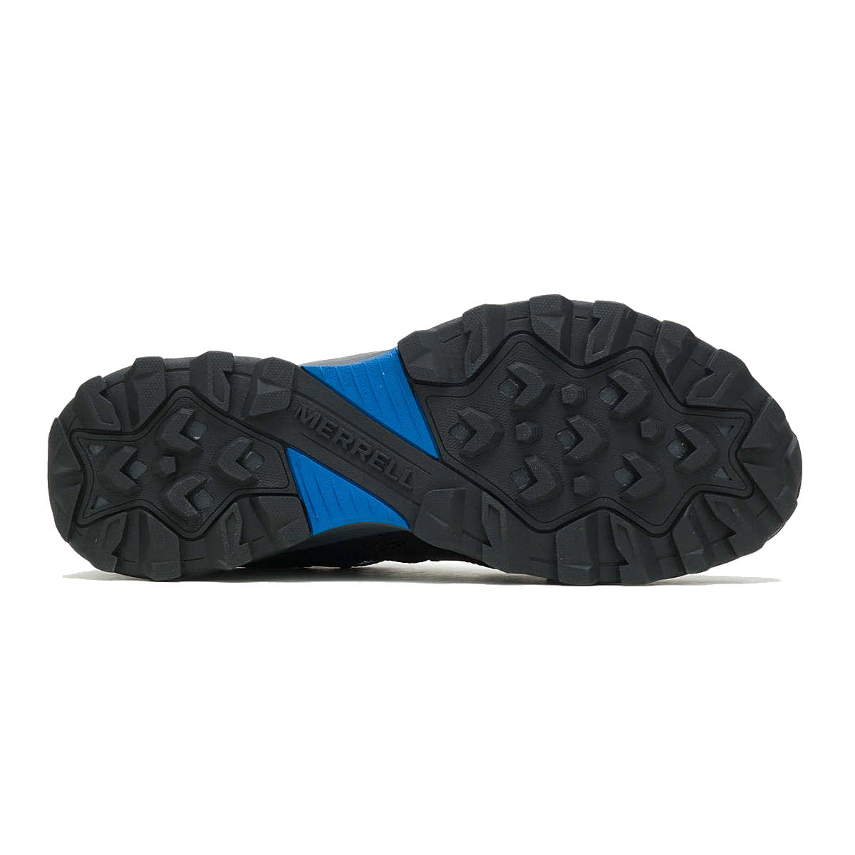 Bottom view of a Merrell SPEED STRIKE LEATHER SIEVE SLATE NAVY - MENS hiking shoe showcasing the black trail outsole with a blue accent.