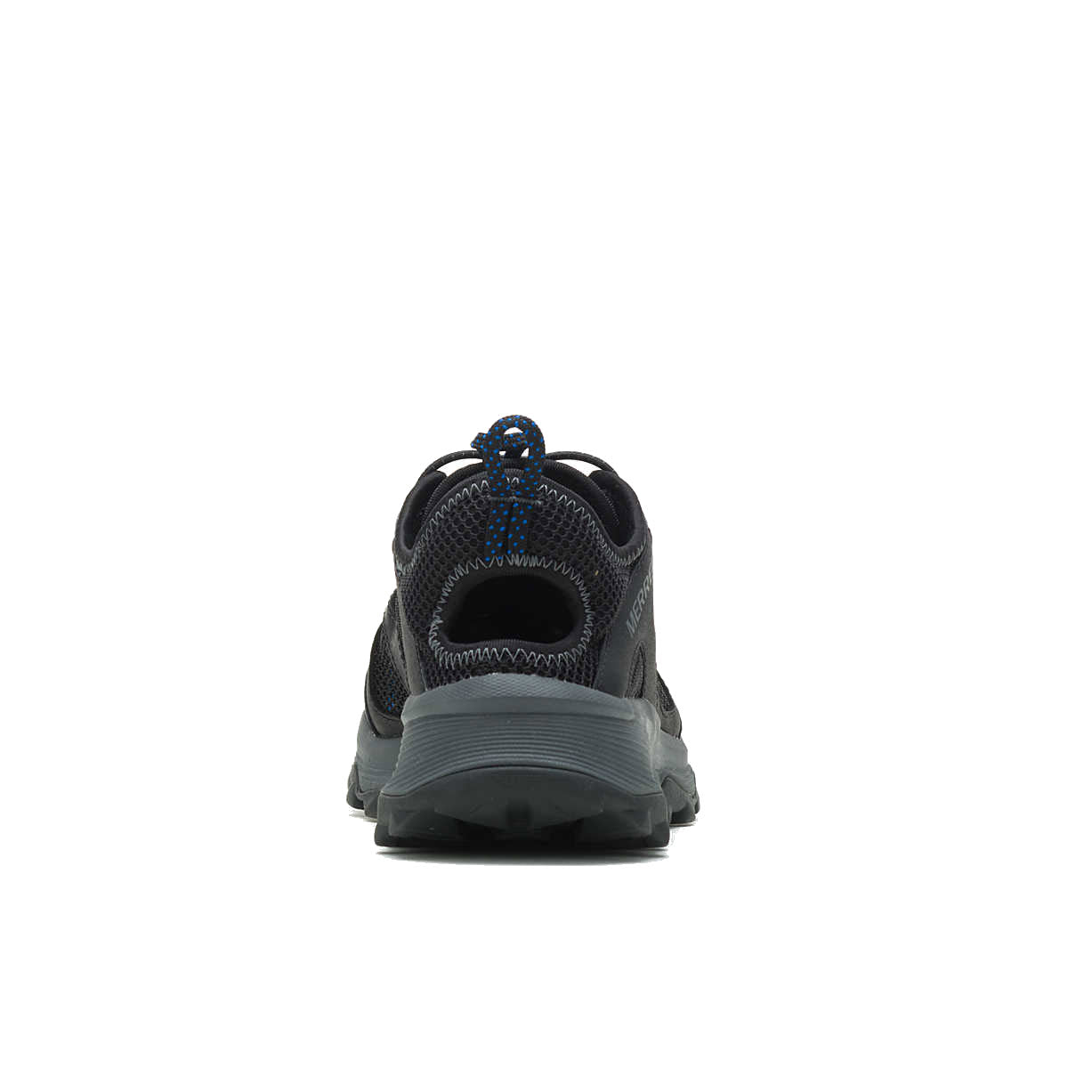 Rear view of a single Merrell Speed Strike Leather Sieve Slate Navy men&#39;s sneaker with blue details and a trail outsole, displayed against a white background.