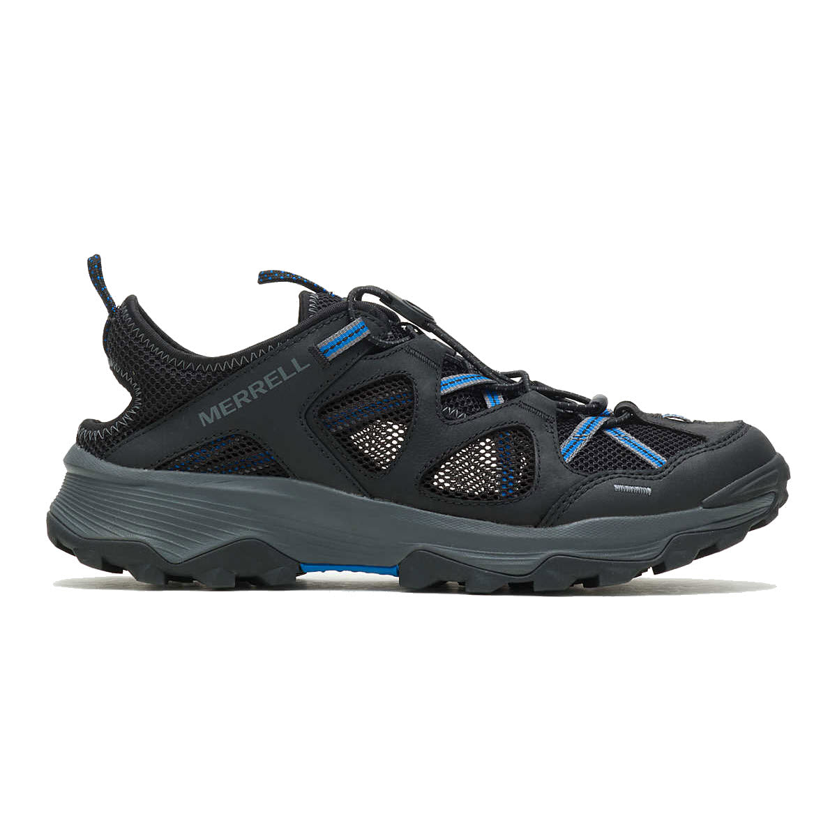 A Merrell brand hiking shoe with durable leather uppers and blue accents, displayed against a white background.