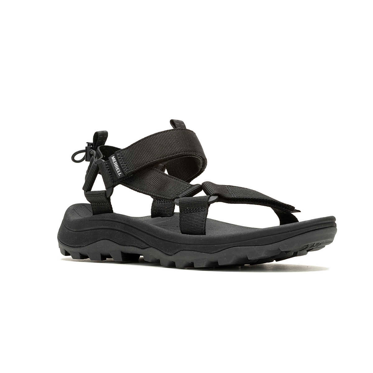 A single black Merrell Speed Fusion Web Sport sandal with adjustable straps and a thick, rugged sole, isolated on a white background.