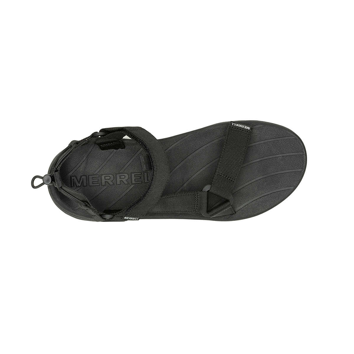 Black Merrell Speed Fusion Web Sport Sandal cover with a textured sole and logo, featuring simple straps and a rear pull loop.