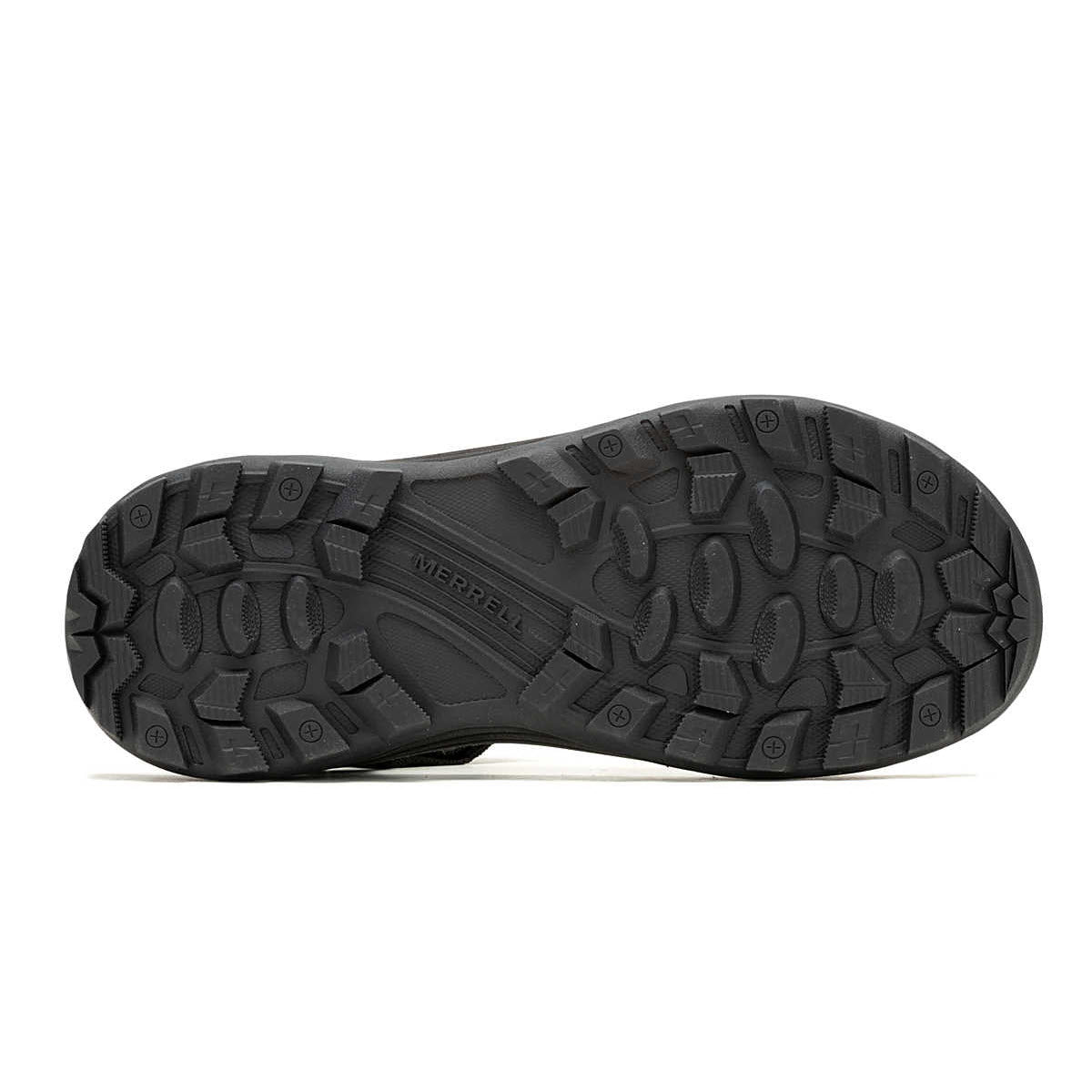 Sole of a black Merrell Speed Fusion Web Sport sandal showing detailed tread pattern for grip and traction.