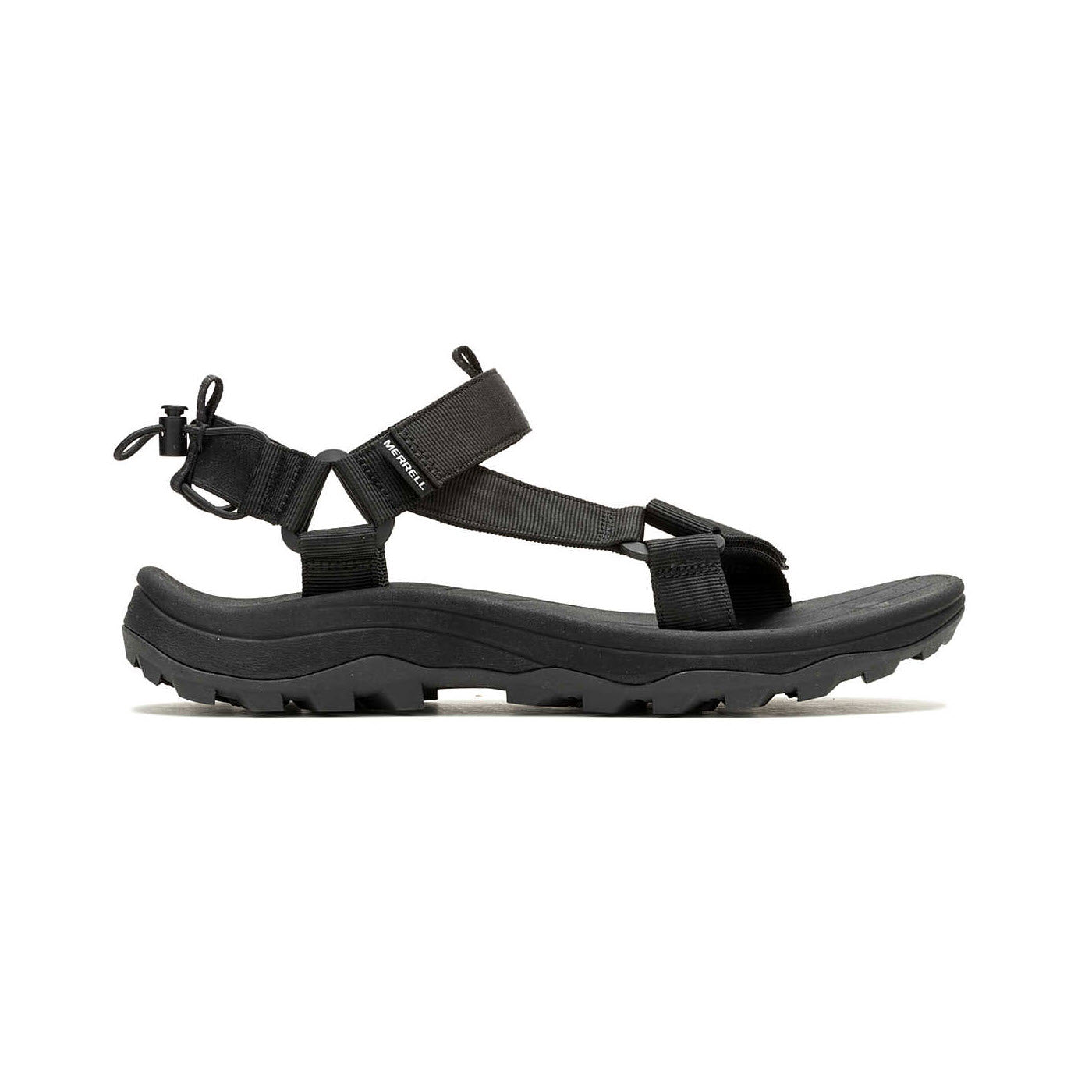 A single black Merrell Speed Fusion Web Sport sandal with adjustable straps, featuring a thick, rugged sole designed for outdoor activities.