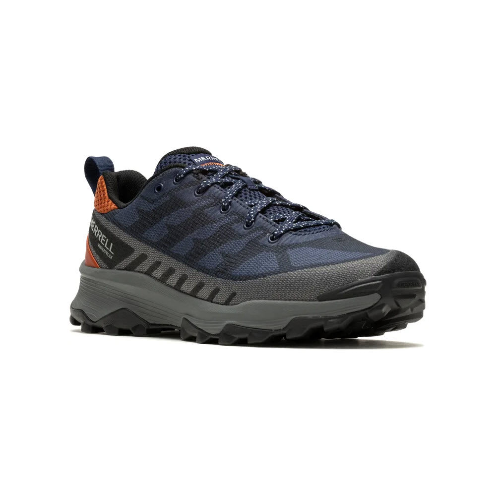 A single Merrell Speed Eco Sea/Clay hiking shoe in dark blue with a checkered pattern, featuring a black sole and an orange logo on the heel.