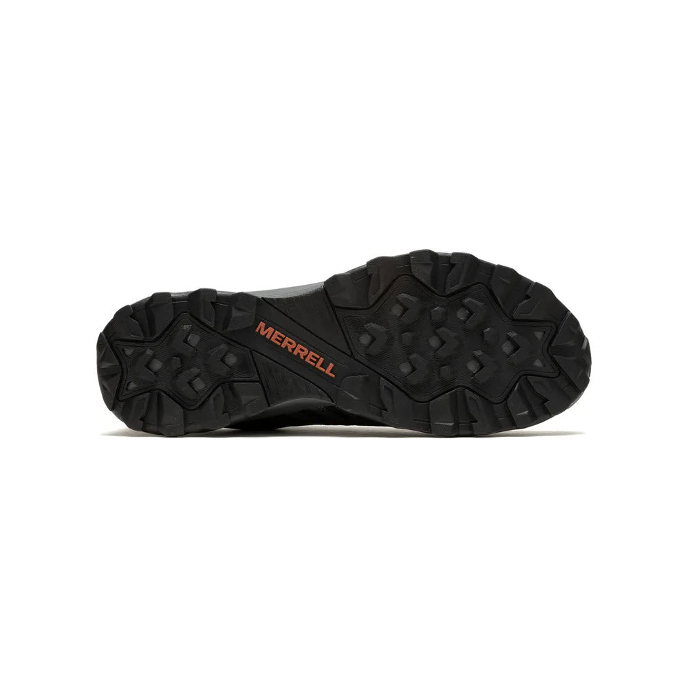 Bottom view of an eco-friendly Merrell Speed Eco Sea/Clay hiking shoe showing the tread pattern on its black sole.