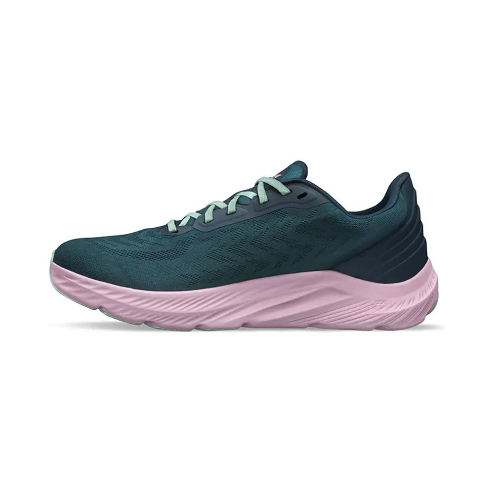 A side view of a dark teal and pink Altra Rivera 4 Navy/Pink running shoe, featuring a zero heel-to-toe drop, against a white background.
