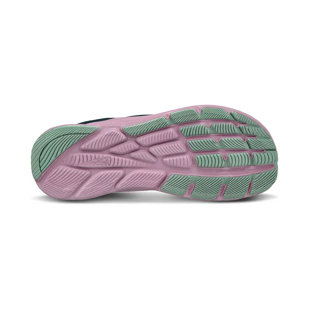 Close-up view of the bottom of an Altra Rivera 4 Navy/Pink sports shoe with a pink and green tread pattern on a white background.