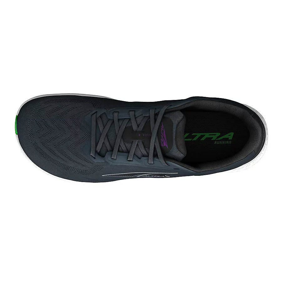 Top view of a dark gray Altra Rivera 4 running shoe with black laces, featuring a green accent on the heel and engineered mesh upper, along with the Altra brand name visible on the insole.