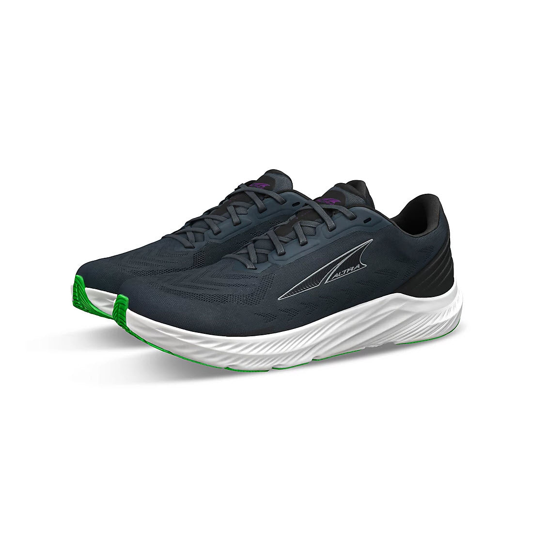 A pair of ALTRA RIVERA 4 BLACK - MENS running shoes with a responsive midsole cushion, white soles, and green accents on the heel, isolated on a white background.