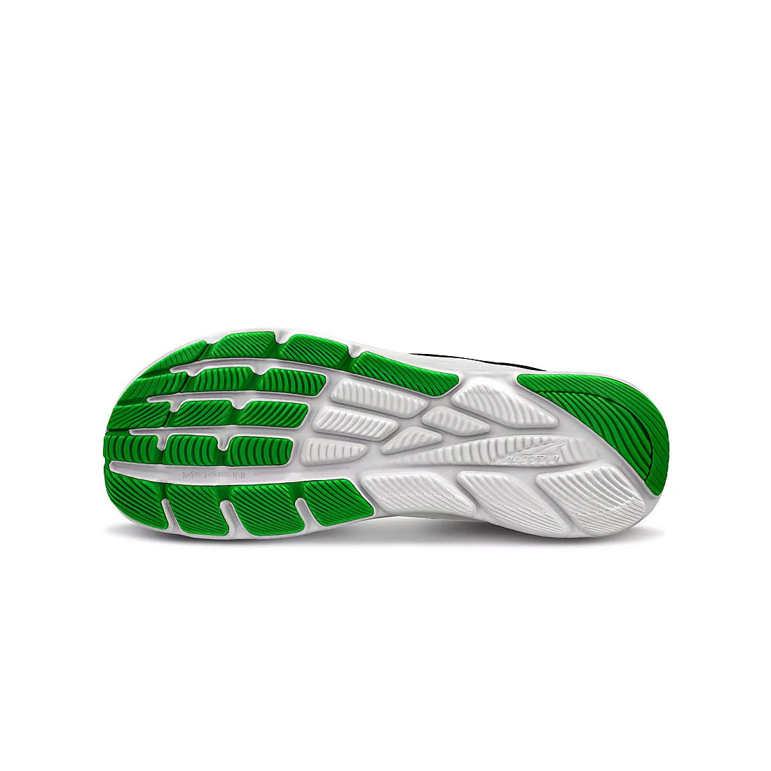 A running shoe sole with green and white rubber tread engineered for traction and a responsive midsole cushion, displayed against a white background. 
Product Name: ALTRA RIVERA 4 BLACK - MENS
Brand Name: Altra