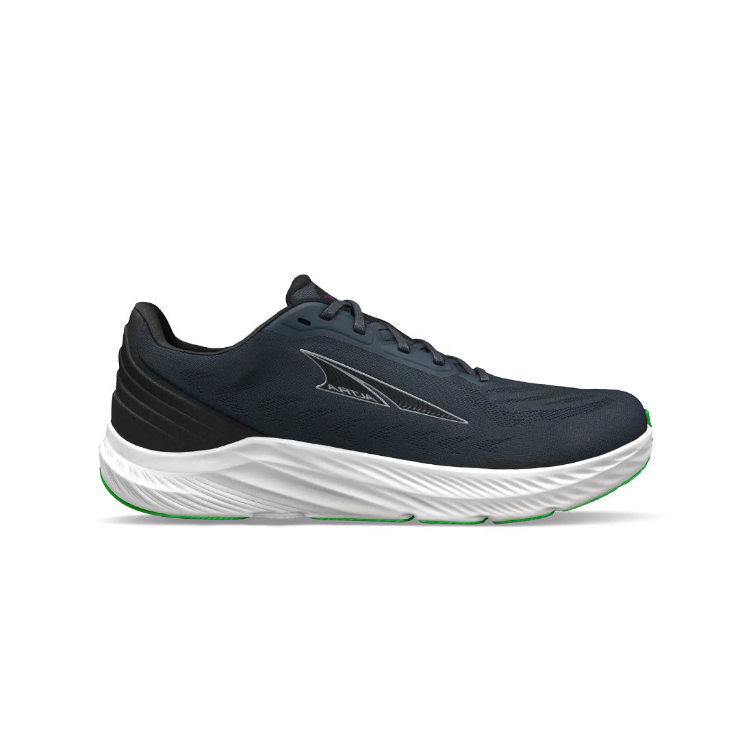 A single Altra Rivera 4 Black running shoe with a sleek design and green accents on the responsive midsole cushion, displayed against a plain white background.