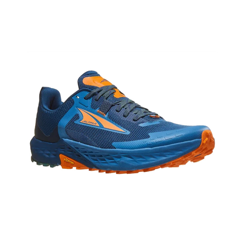 A blue and orange Altra Timp 5 trail running shoe with prominent treads and a dynamic design on a white background.