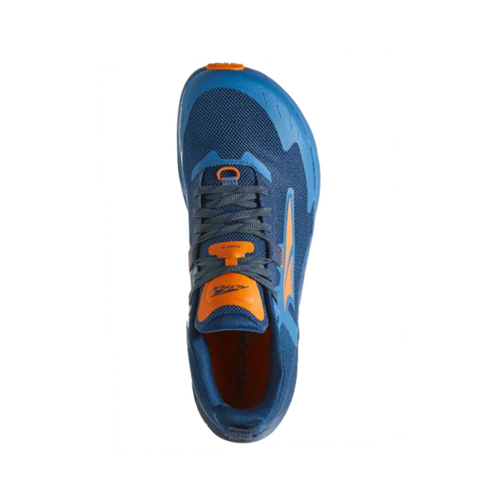 Top view of a blue and orange Altra Timp 5 trail running shoe with visible laces and logo on a white background.