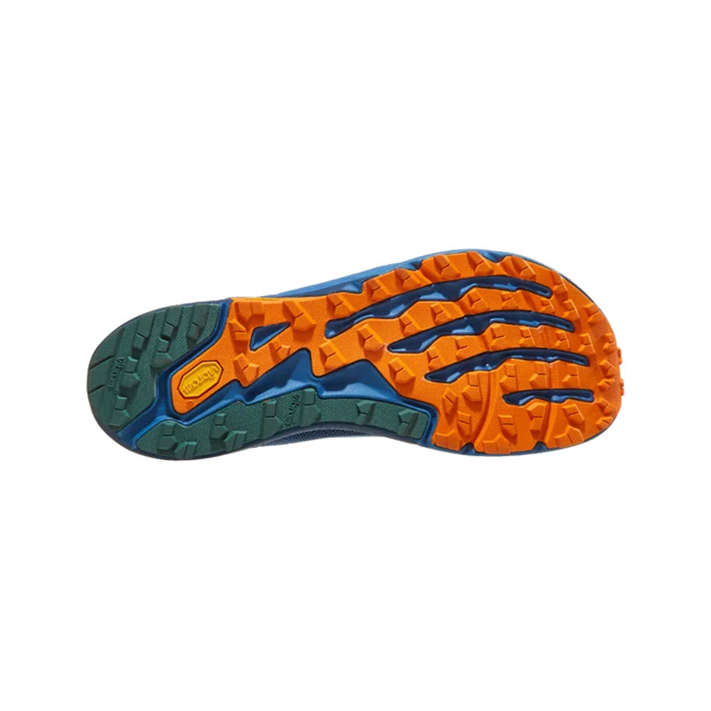 Sole of ALTRA TIMP 5 BLUE/ORANGE - MENS trail running shoes displaying orange and blue tread pattern with green accents, designed for grip and durability.