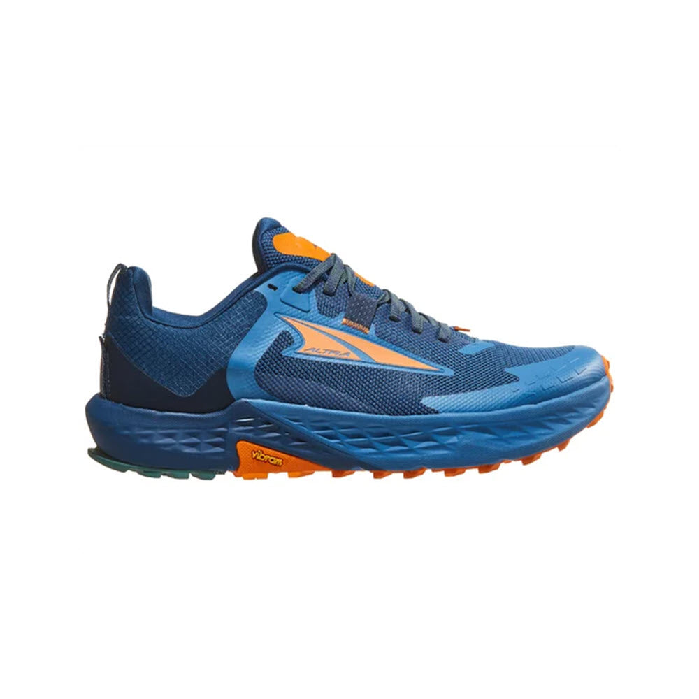 Blue and orange Altra Timp 5 trail running shoe with a distinctive star-shaped logo on the side, featuring a rugged sole for traction.