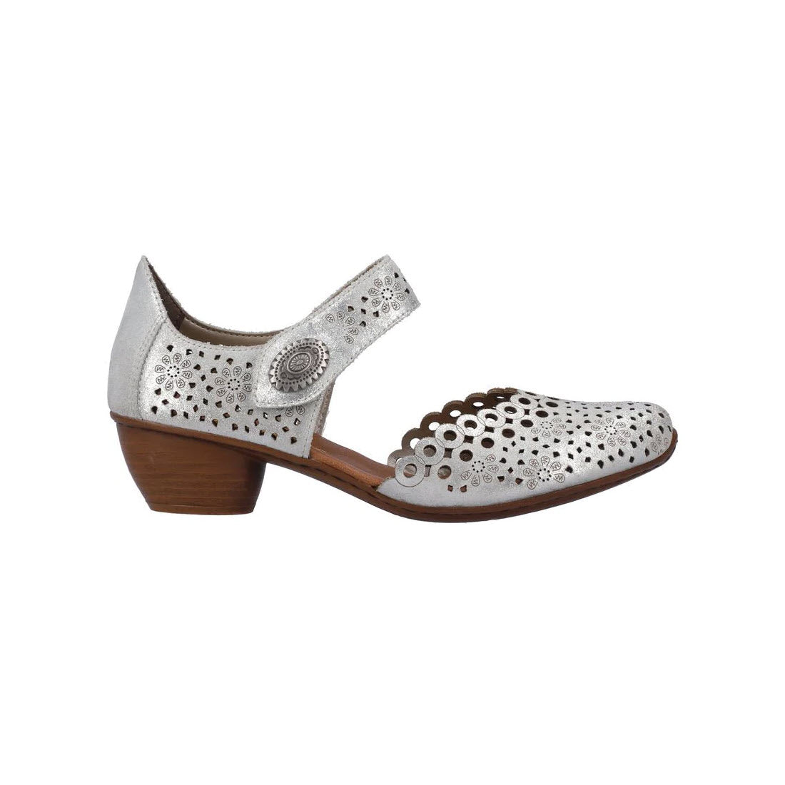 Rieker silver leather mary jane shoe with an adjustable ankle strap, decorative perforations, and a low wooden heel, isolated on a white background.