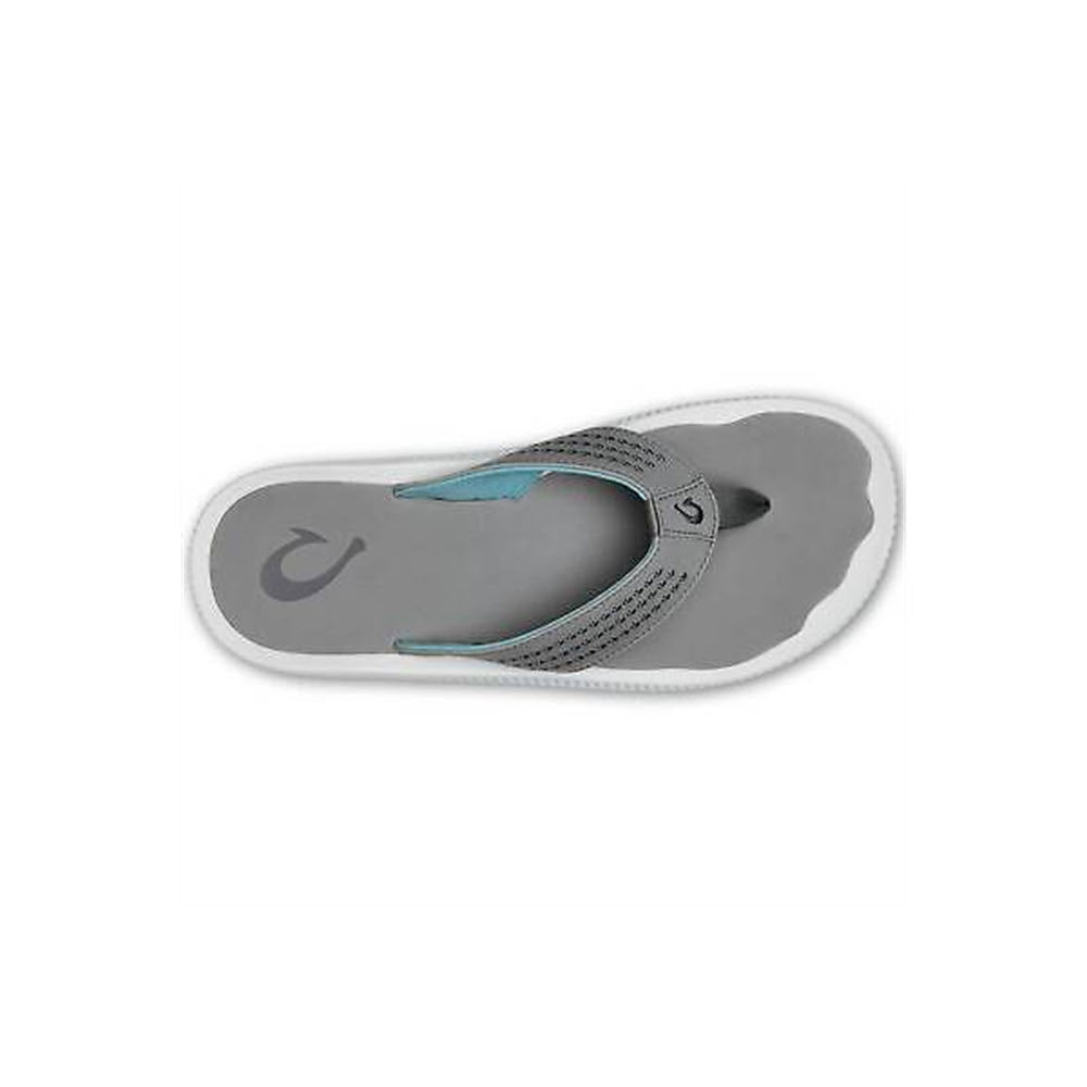 A single Olukai Ulule flip-flop in stone with a blue accent on the strap, isolated on a white background, designed as water-friendly.