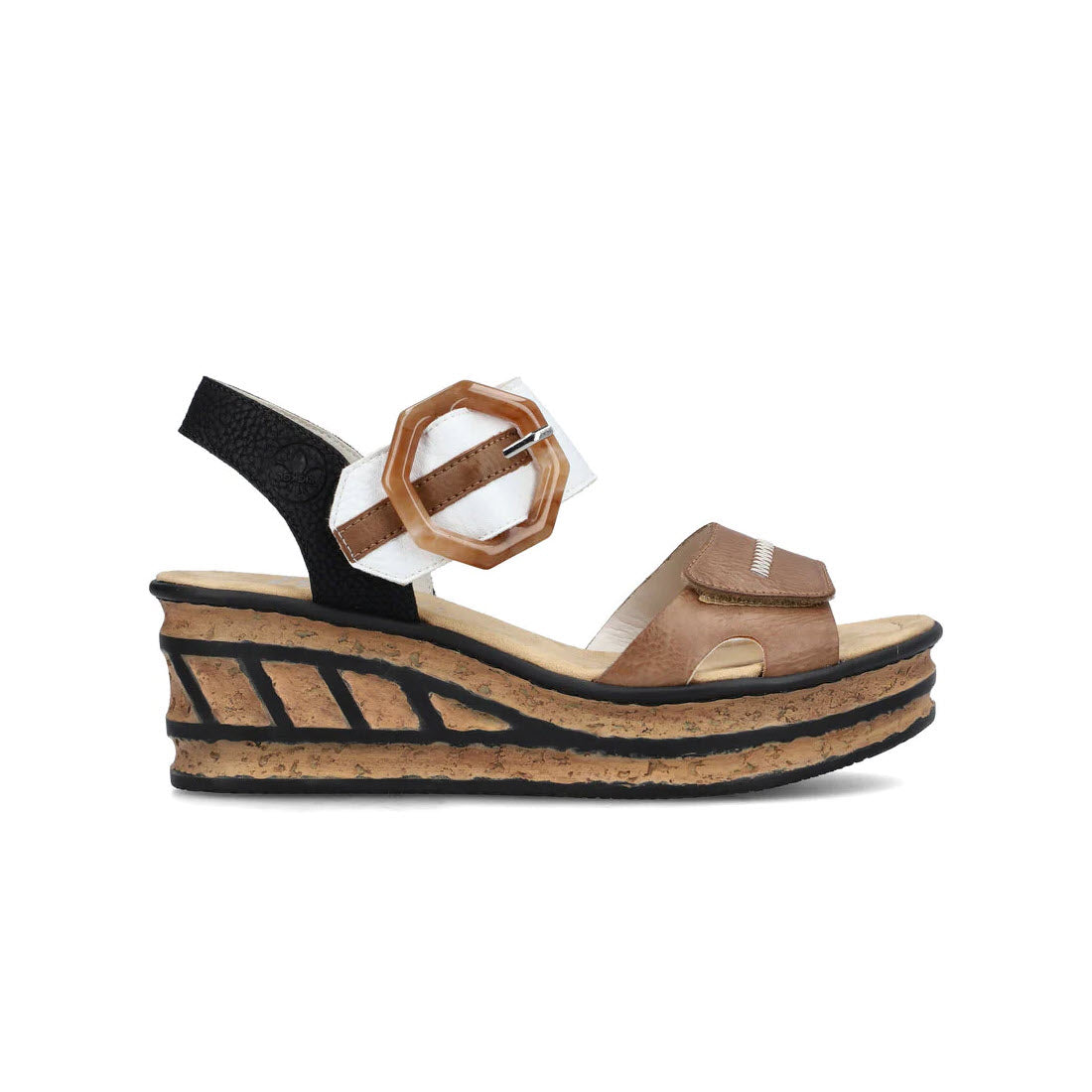 Side view of a Rieker women&#39;s wedge sandal with black and tan synthetic leather uppers, a large buckle, and a layered wooden sole.