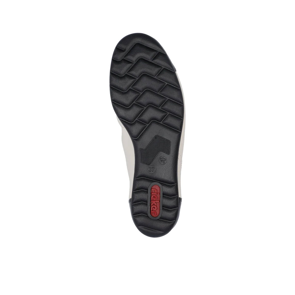 Sole of a Rieker ballet flat black shoe displaying a zigzag tread pattern and Rieker slip on shoe logos, isolated on a white background.
