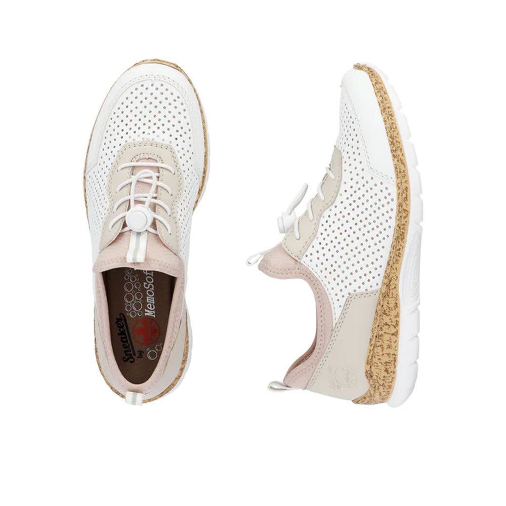 Top and side views of a pair of white Rieker Cork Sole PerfEd Sneaker White Multi - Women&#39;s casual slip-on shoes with cork insoles and white laces.