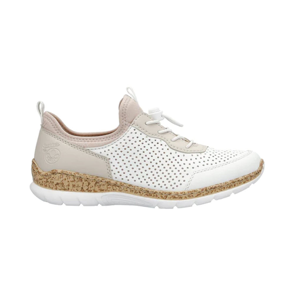A single RIEKER white sporty sneaker with cork detailing and perforated upper on a white background, featuring a slip-on model.