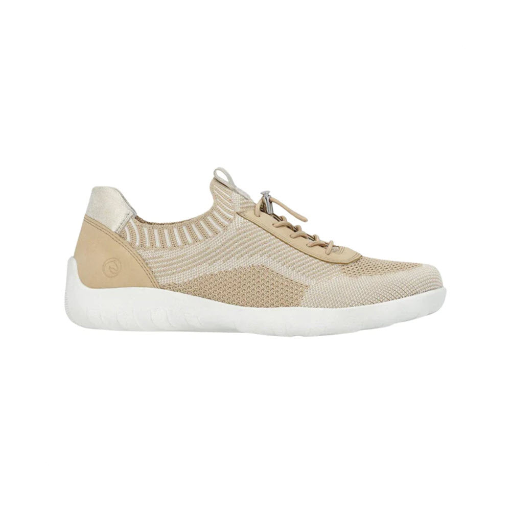 A beige and white REMONTE LITE & SOFT SNEAKER VANILLA - WOMENS shoe by Remonte with a knit upper and a white sole, featuring a pull-tab on the tongue, an elastic band, and lace-up closure.