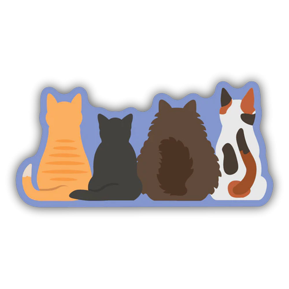 Illustration of four STICKERS NORTHWEST 4 CATS sitting side by side in various poses and colors, against a blue background with a white border on high-quality vinyl.