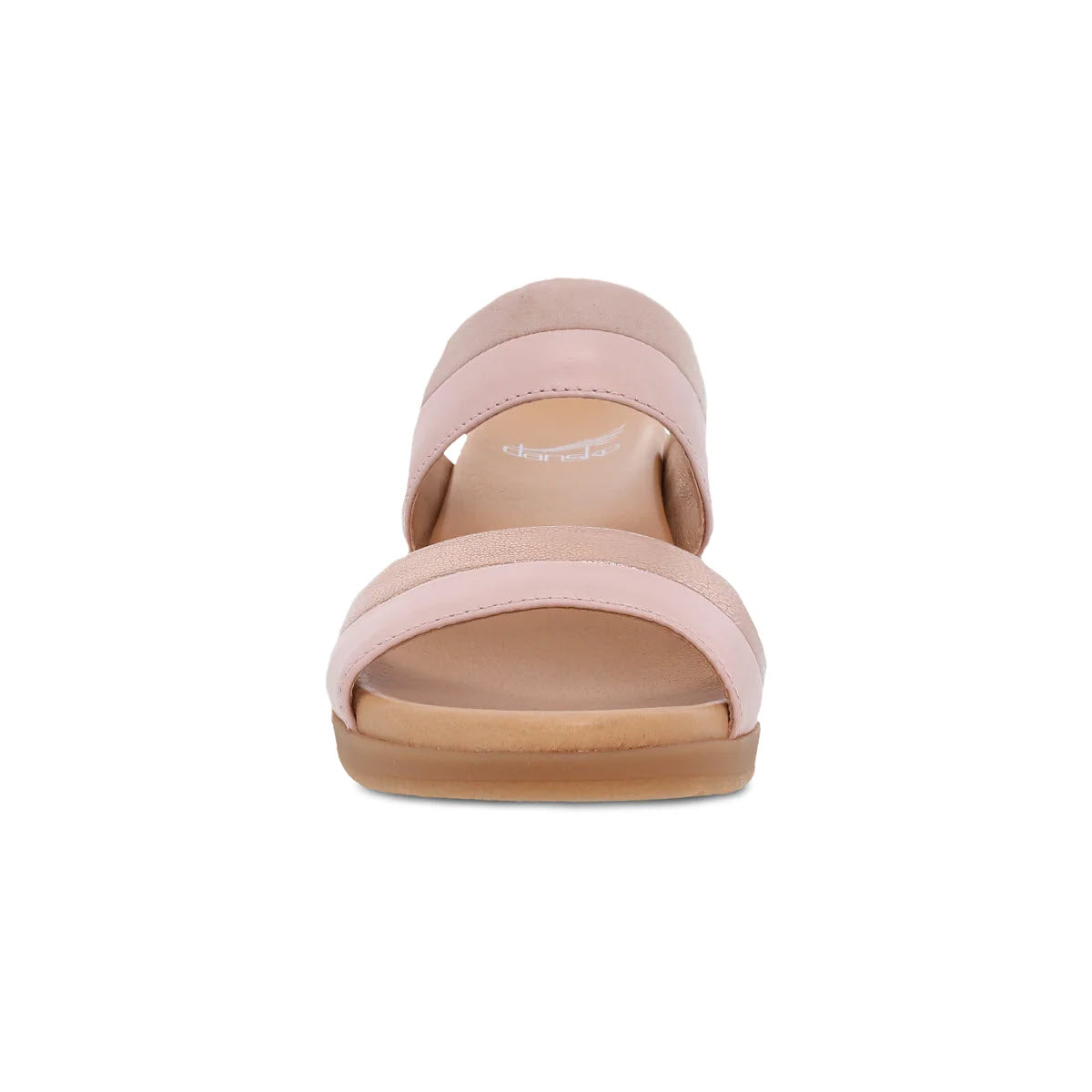 Front view of a single Dansko Theresa Blush Multi sandal with a broad strap and a flat sole, ideal for an anytime heel addition to your sandal wardrobe, on a white background.