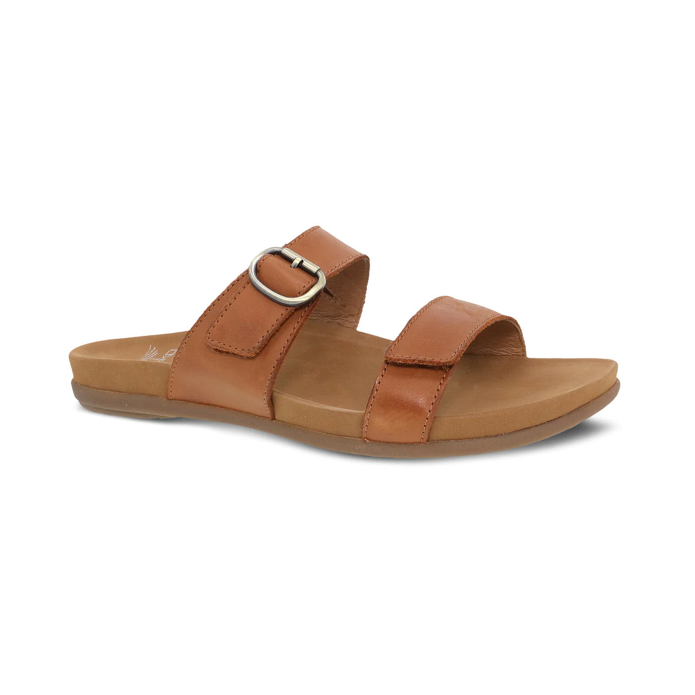A Dansko Justine Luggage - Womens slide sandal with two straps and a buckle, isolated on a white background.