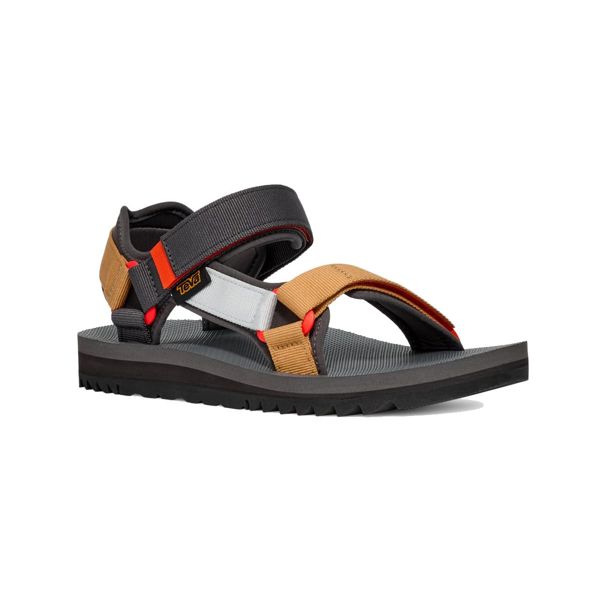 A pair of TEVA UNIVERSAL TRAIL SANDAL OBSIDIAN MULTI - MENS sandals featuring multiple REPREVE® recycled polyester straps in shades of gray, beige, and orange, with a rugged black Vibram® Megagrip outsole.