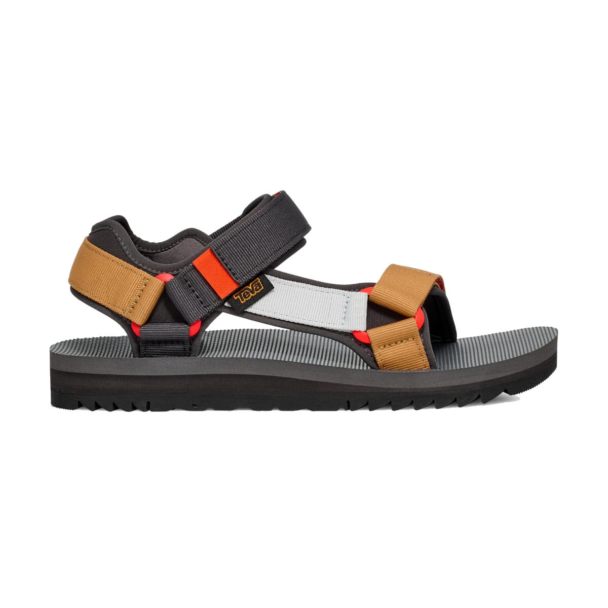 A side view of a Teva Universal Trail sandal with adjustable REPREVE® recycled polyester straps in gray, orange, and mustard colors against a white background.