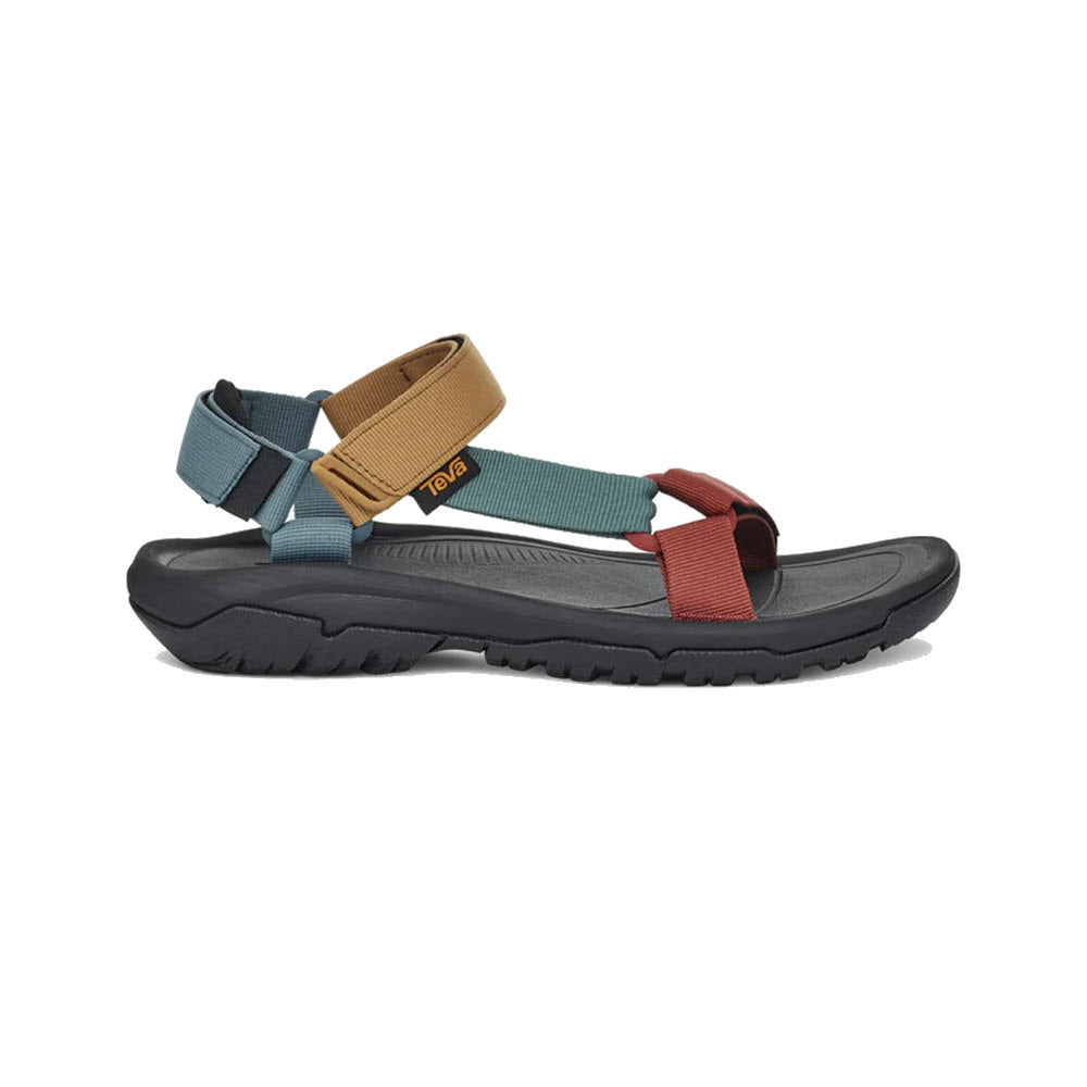 A Teva Hurricane XLT2 sandal Earth Multi - Mens with blue, red, and beige straps on a white background.