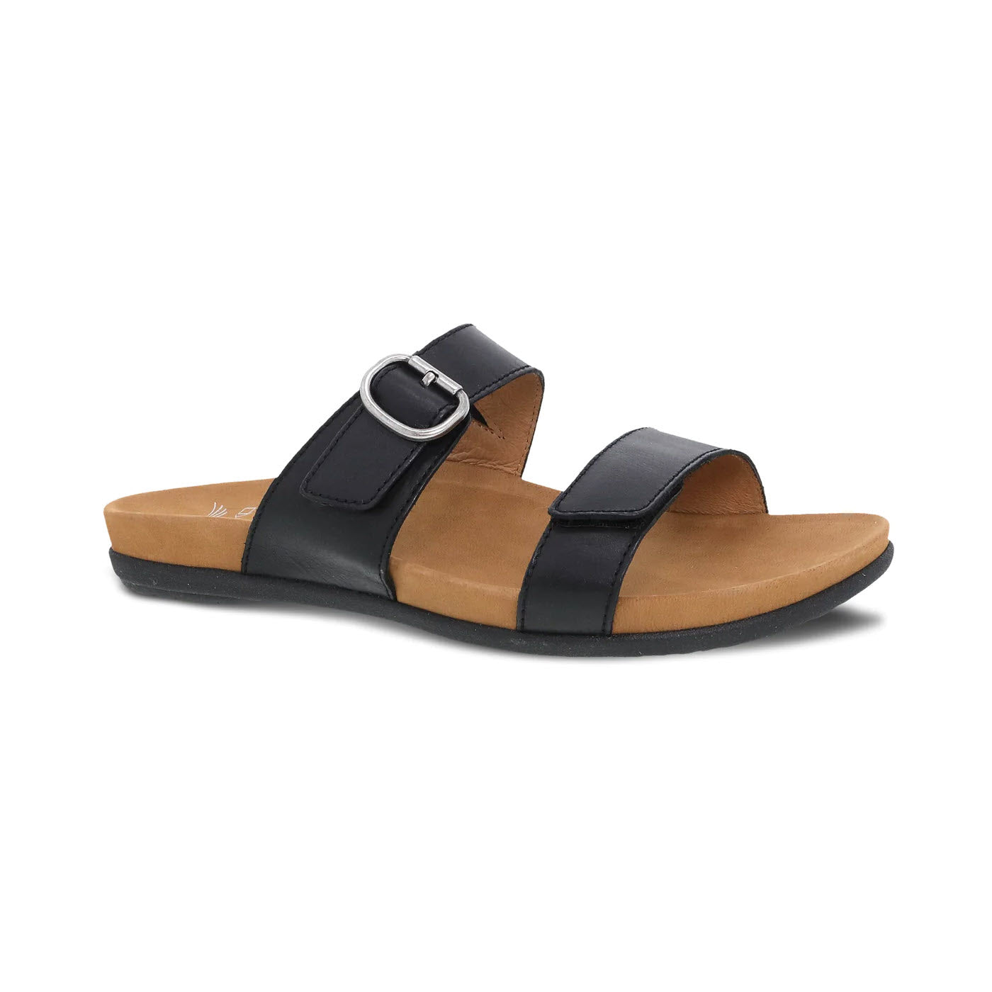 Dansko Justine Black slide sandal with two straps and a buckle, isolated on a white background.