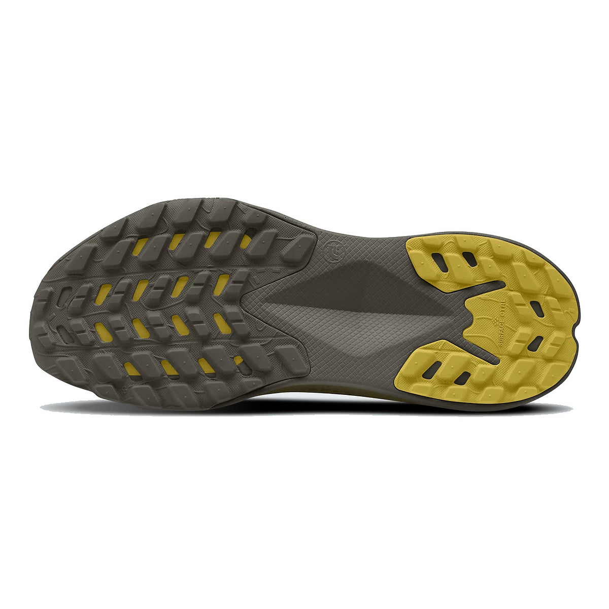 Sole of a North Face trail-running shoe with gray base and distinct yellow traction pads, showing tread pattern optimized for grip on rugged surfaces.