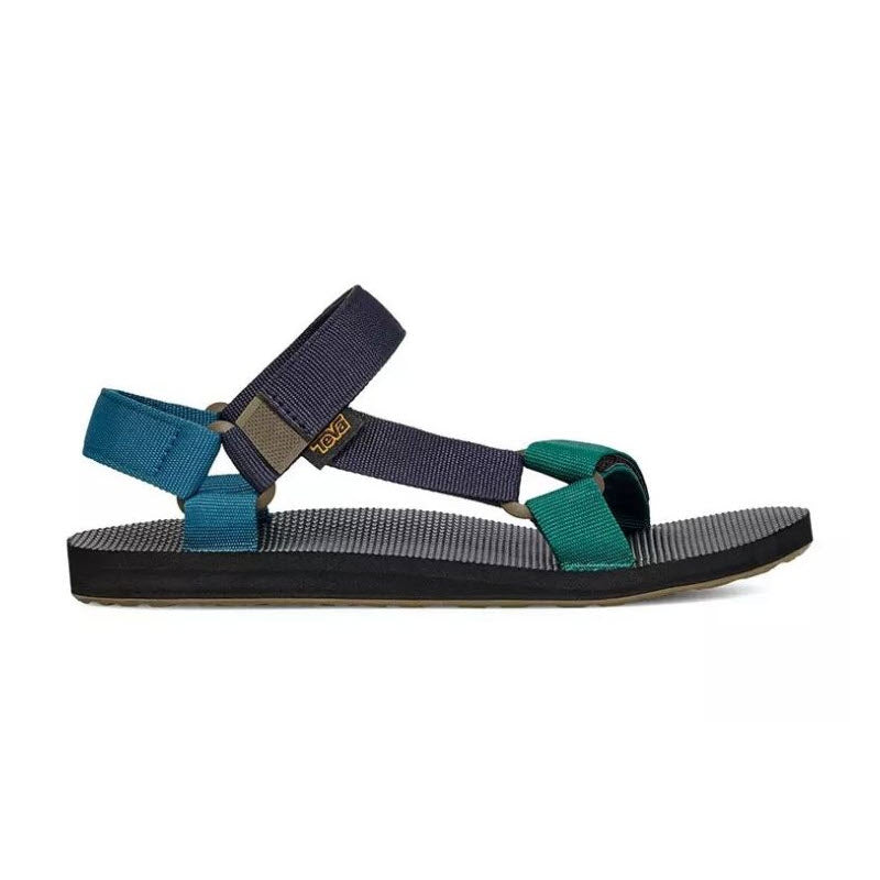 Side view of a Teva Original Universal sandal with quick-dry webbing in blue and green straps on a white background.