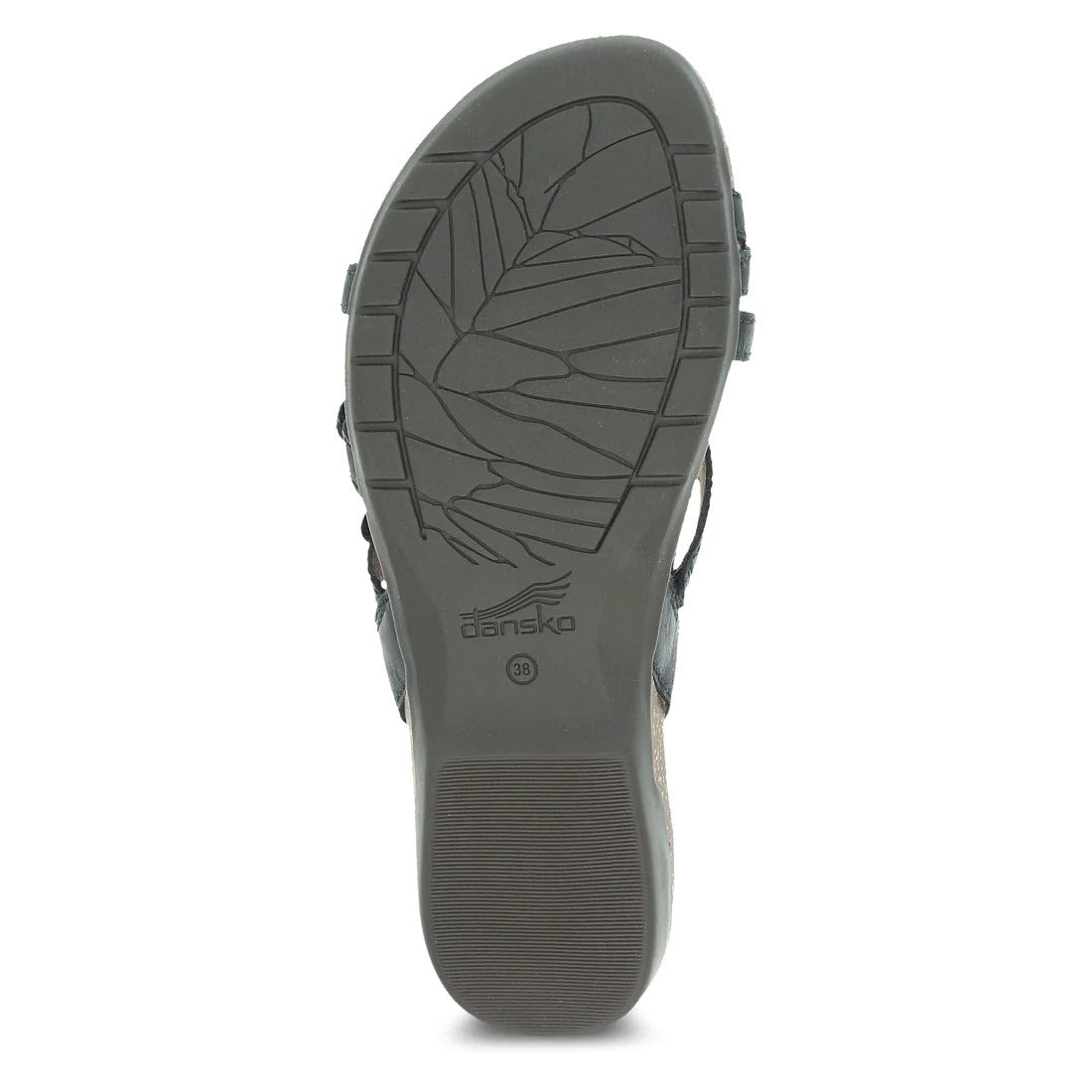 Sole of a Dansko Roslyn Black - Womens sandal displaying the tread pattern and brand logo.
