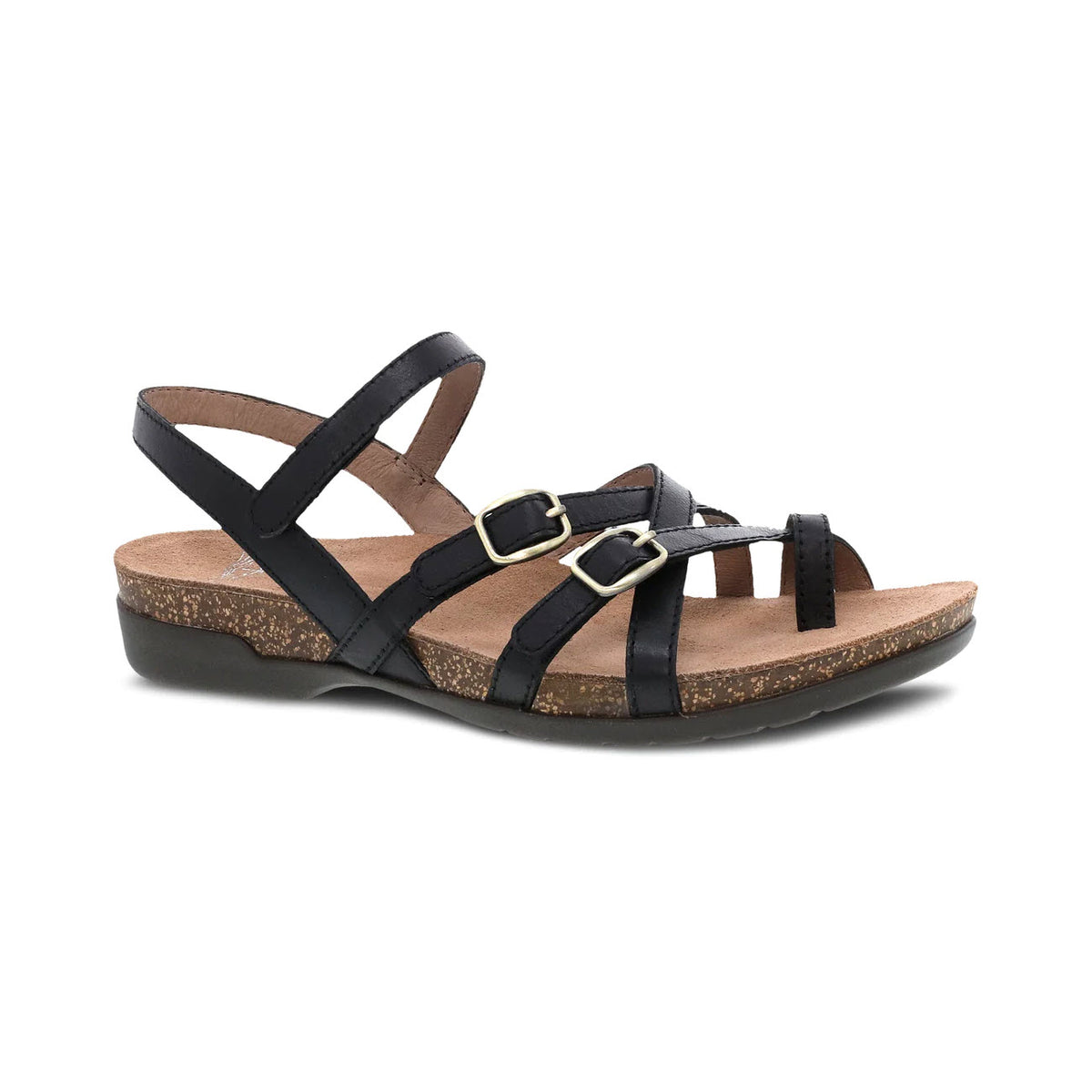 Dansko Roslyn Black supportive strappy women&#39;s sandal with buckle detail on a white background.