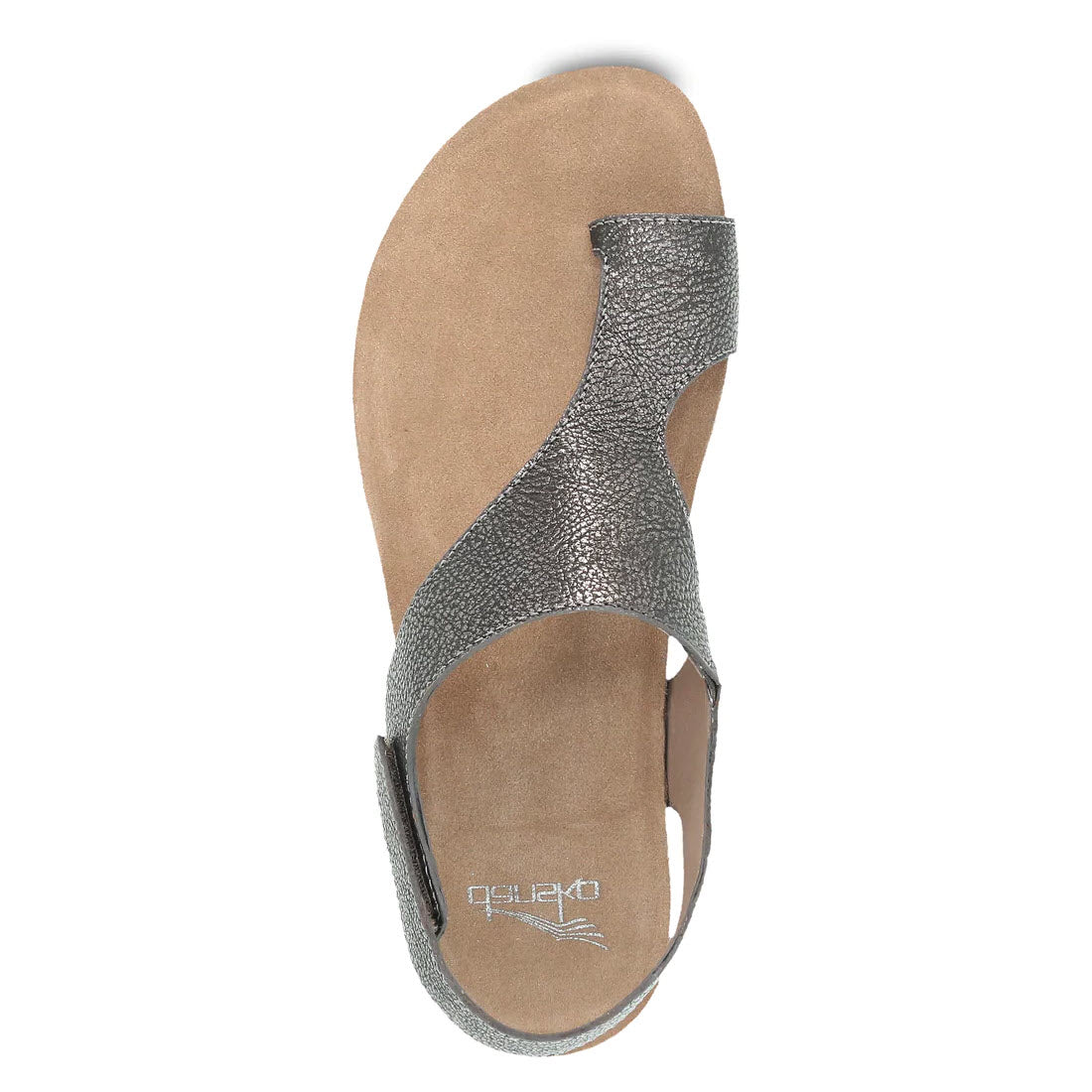 Top view of a silver Dansko Reece sandal with an open toe design and an asymmetrical strap.