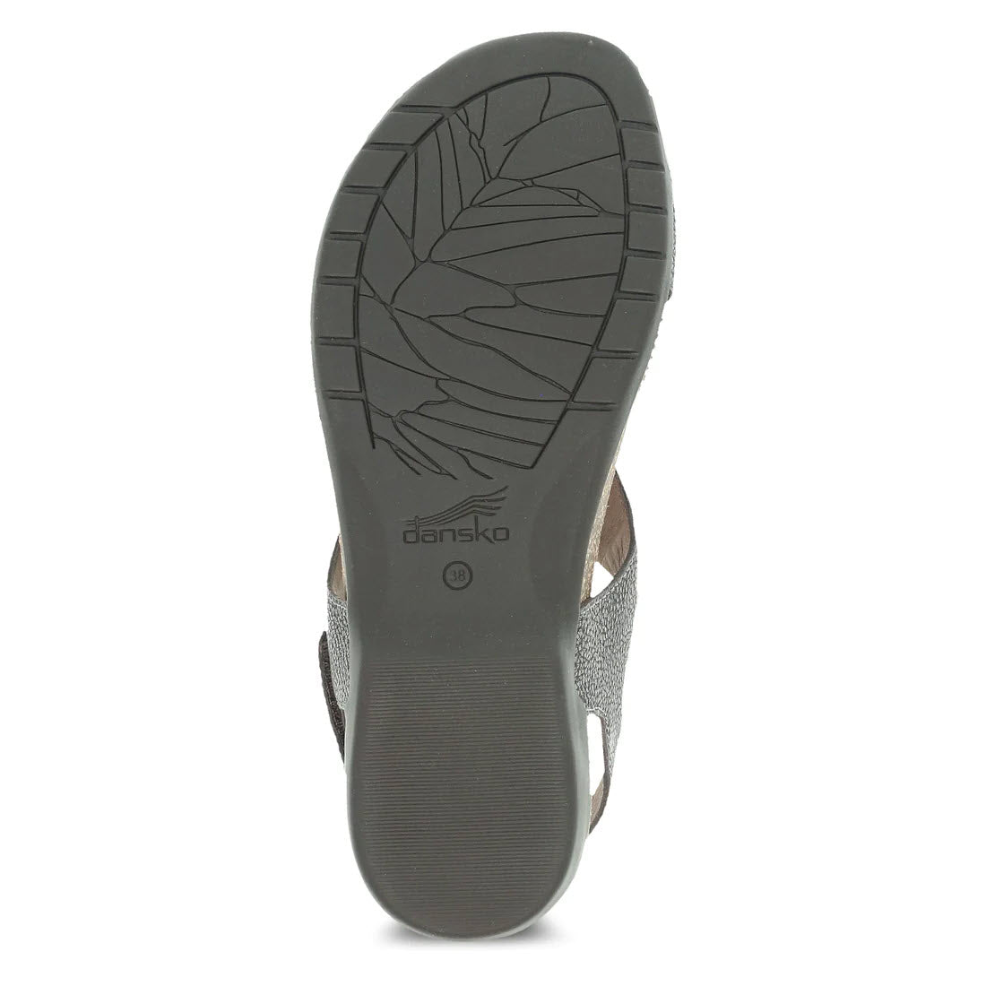 Bottom view of a gray Dansko Reece sandal showing the tread pattern and brand name on the sole.