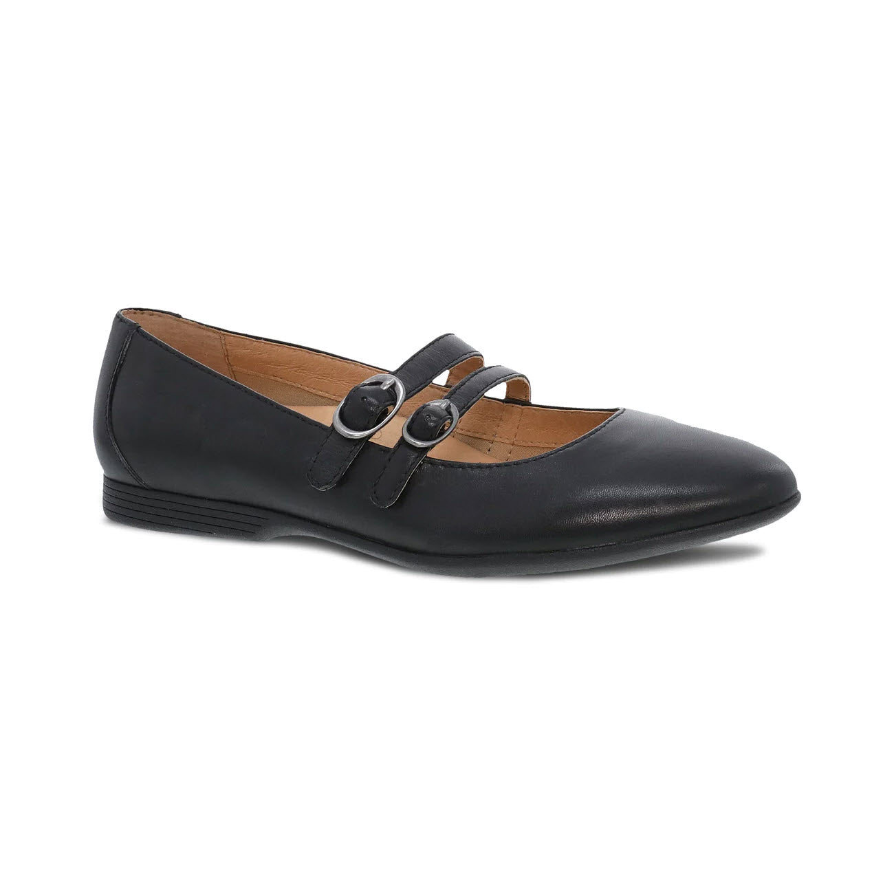 Dansko Leeza black leather mary jane-style shoe with a low heel and two adjustable straps across the top, isolated on a white background.