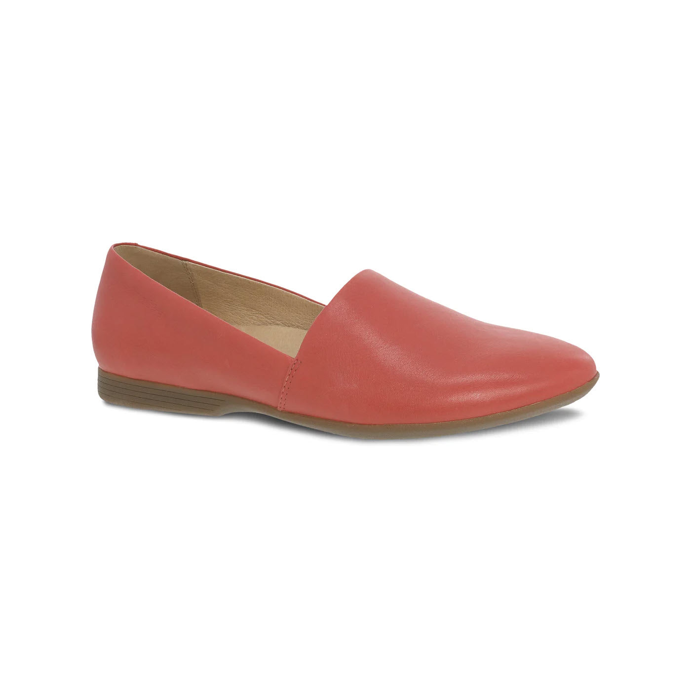 Dansko Larisa Poppy red leather slip-on flat shoe with arch support on a white background.