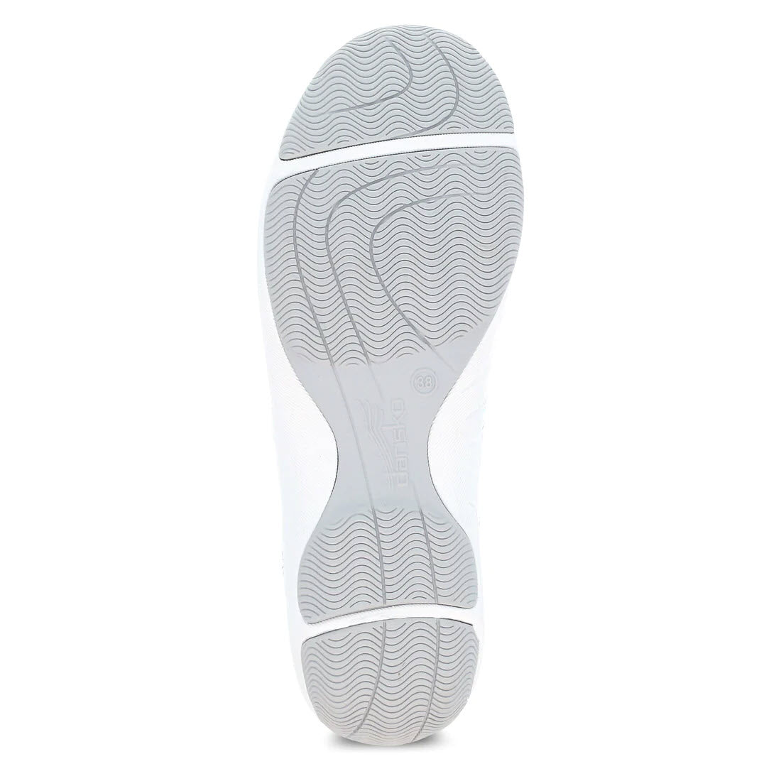 Sole of a sneaker displaying a wavy, white rubber tread pattern with Dansko insignias.