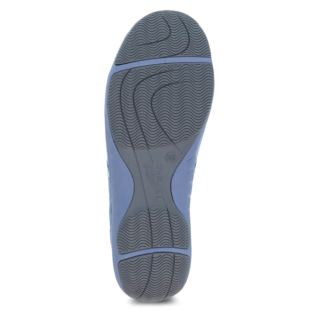 Sole of a blue Dansko Harlyn shoe with textured tread pattern.