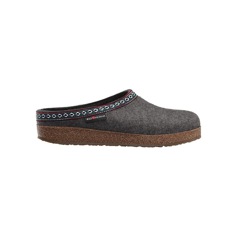 Side view of a Haflingers GZ grey clog with a decorative embroidered trim and a cork sole on a white background, made from breathable materials.