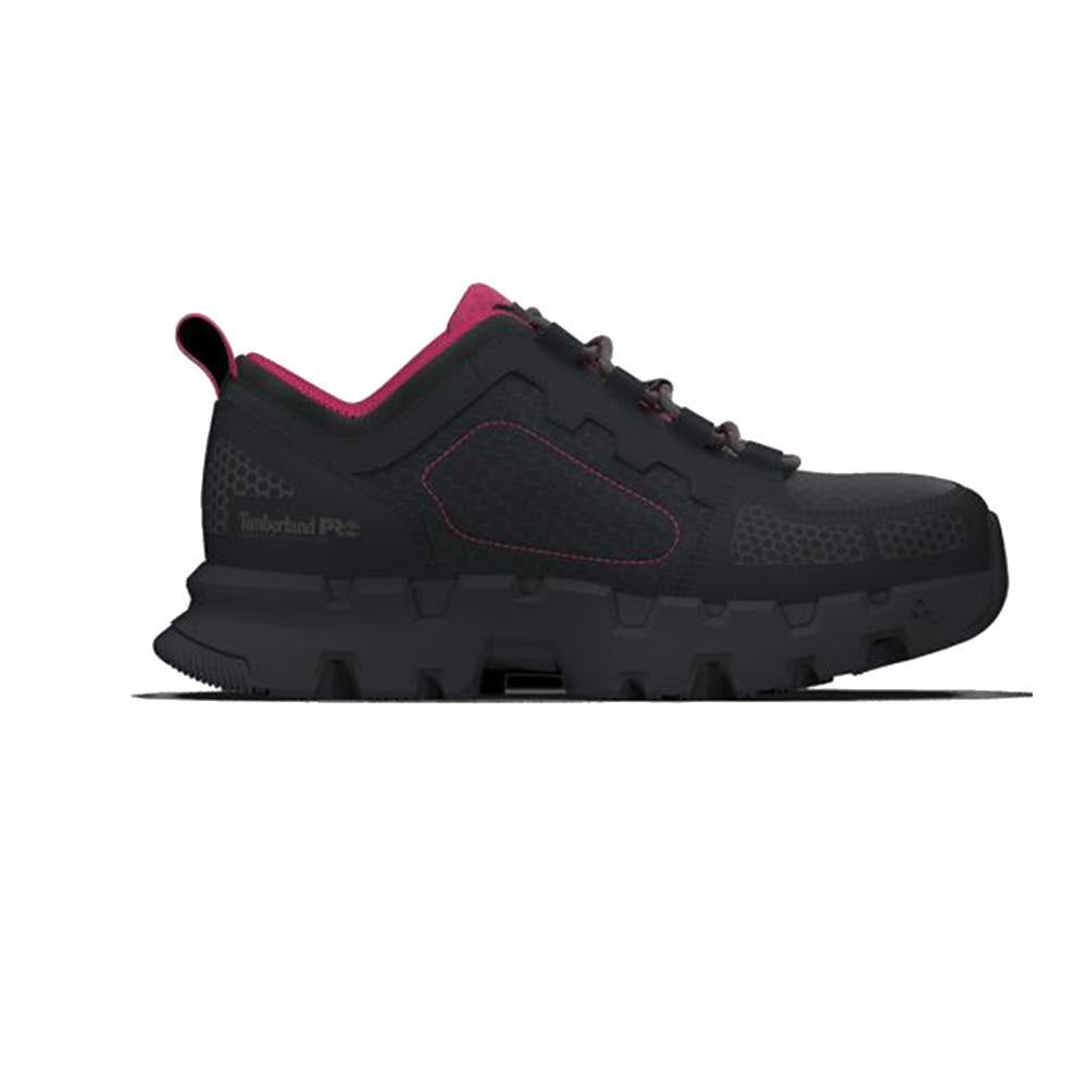 Side view of the TIMBERLAND COMPOSITE TOE POWERTRAIN EV work shoe with a pink accent on the inner lining and logo, featuring composite safety toe.