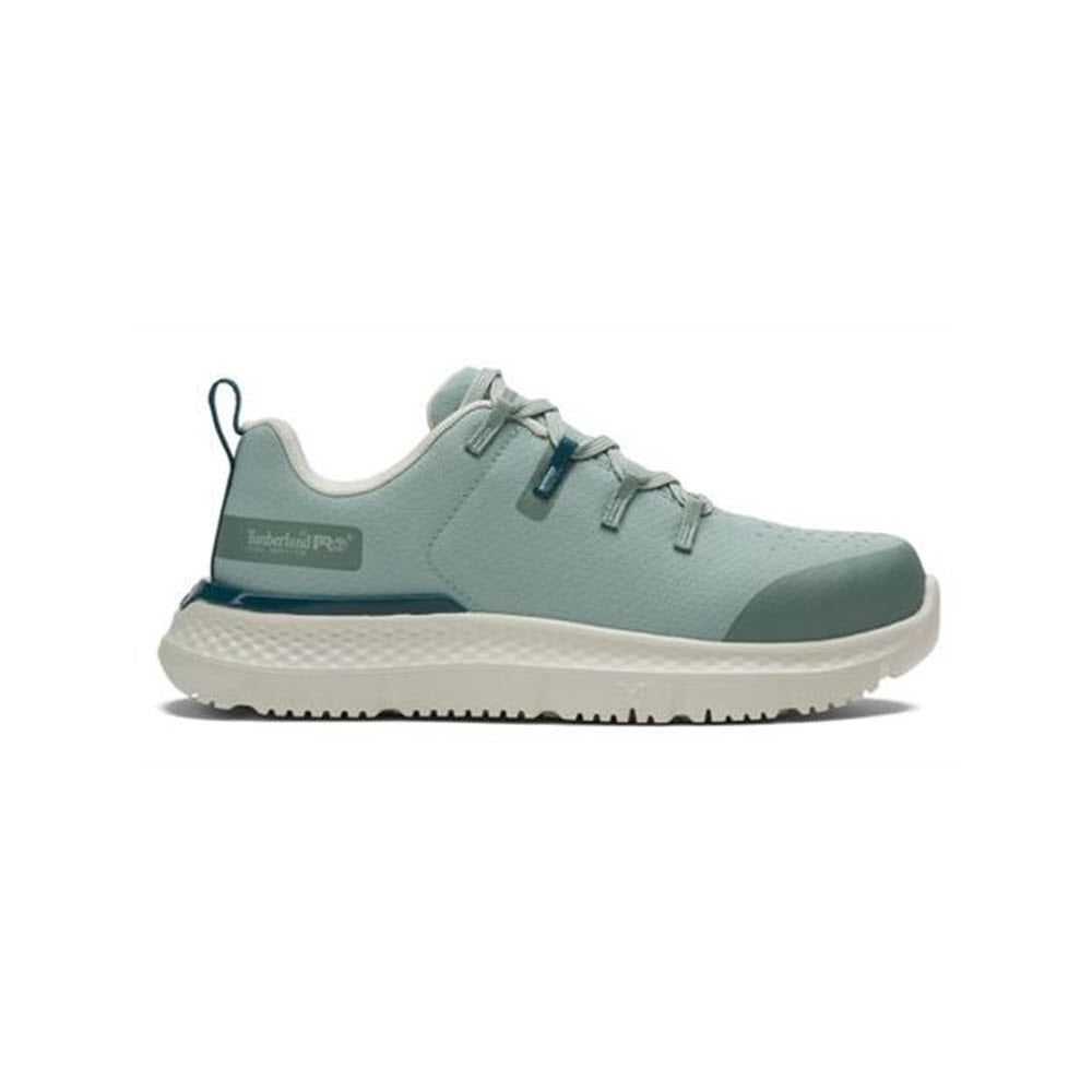 A light blue Timberland Steel Toe Intercept Oxford Sage White safety toe shoe with black and white soles, displayed against a white background.