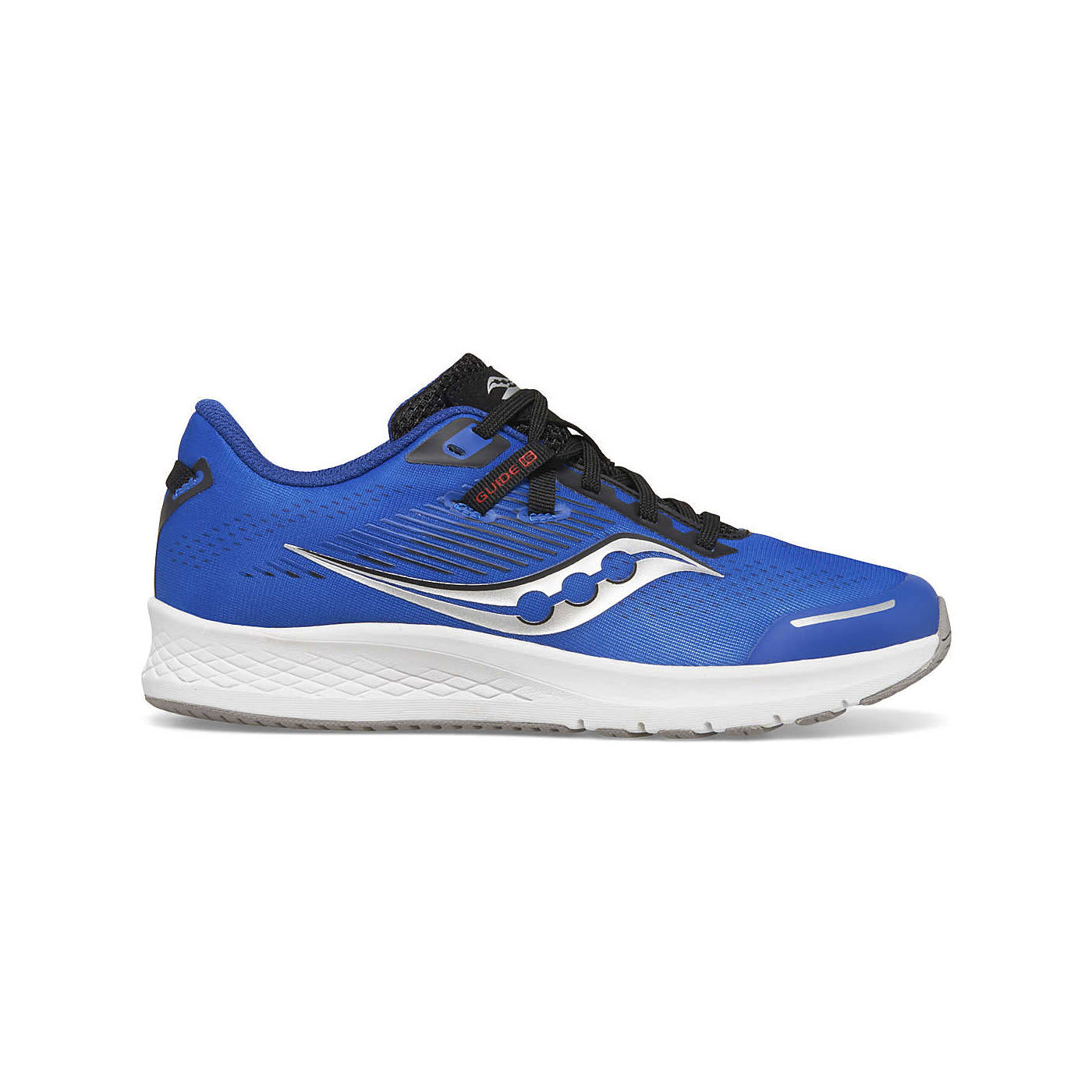 Replace with:
"Saucony Guide 16 blue/black running shoe with white sole and black laces, featuring the Saucony logo on the side and a contoured footbed.