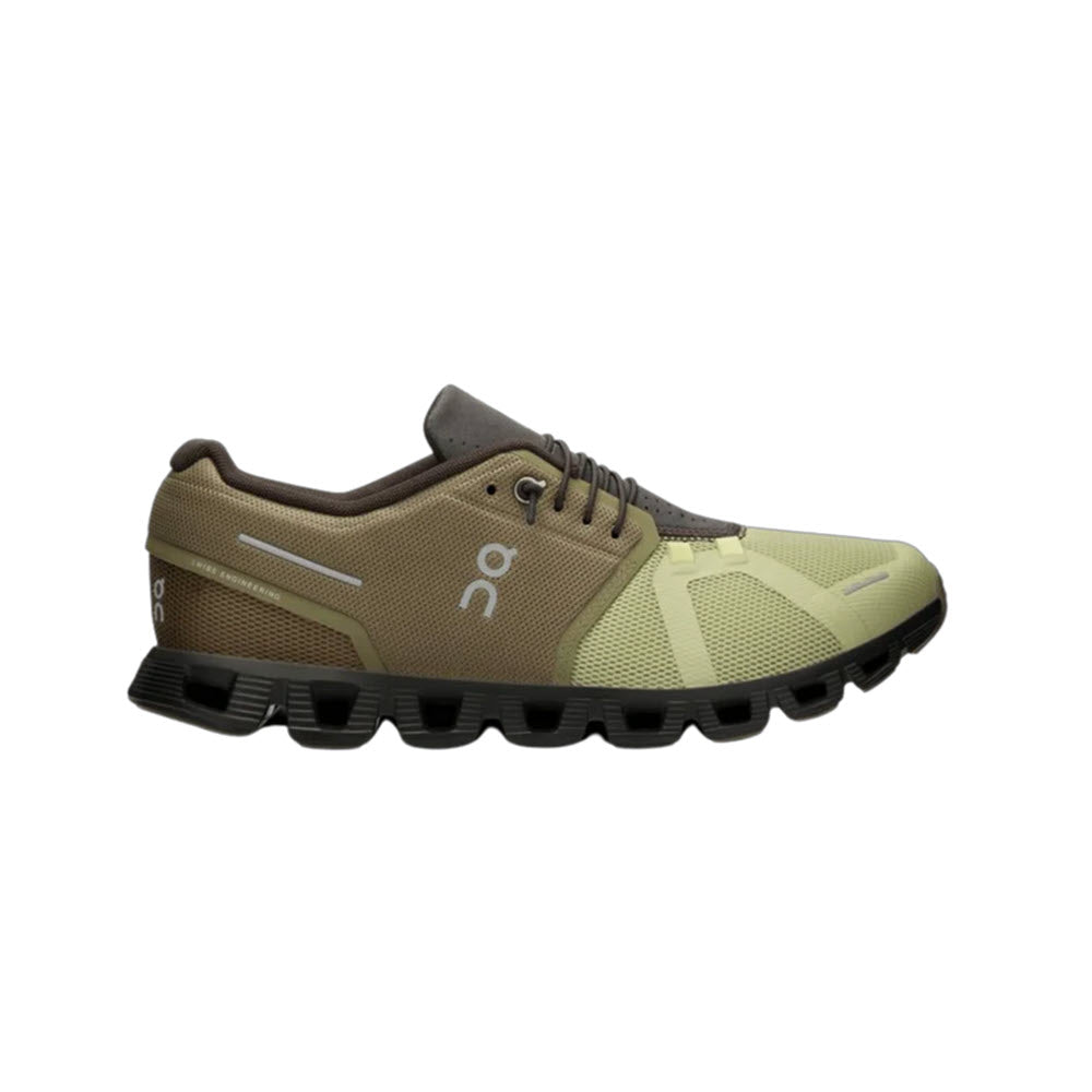 A modern athletic shoe in shades of brown and green with a distinctive wavy sole design and a speed lacing system: On Running Cloud 5 Grove/Haze - Men's.