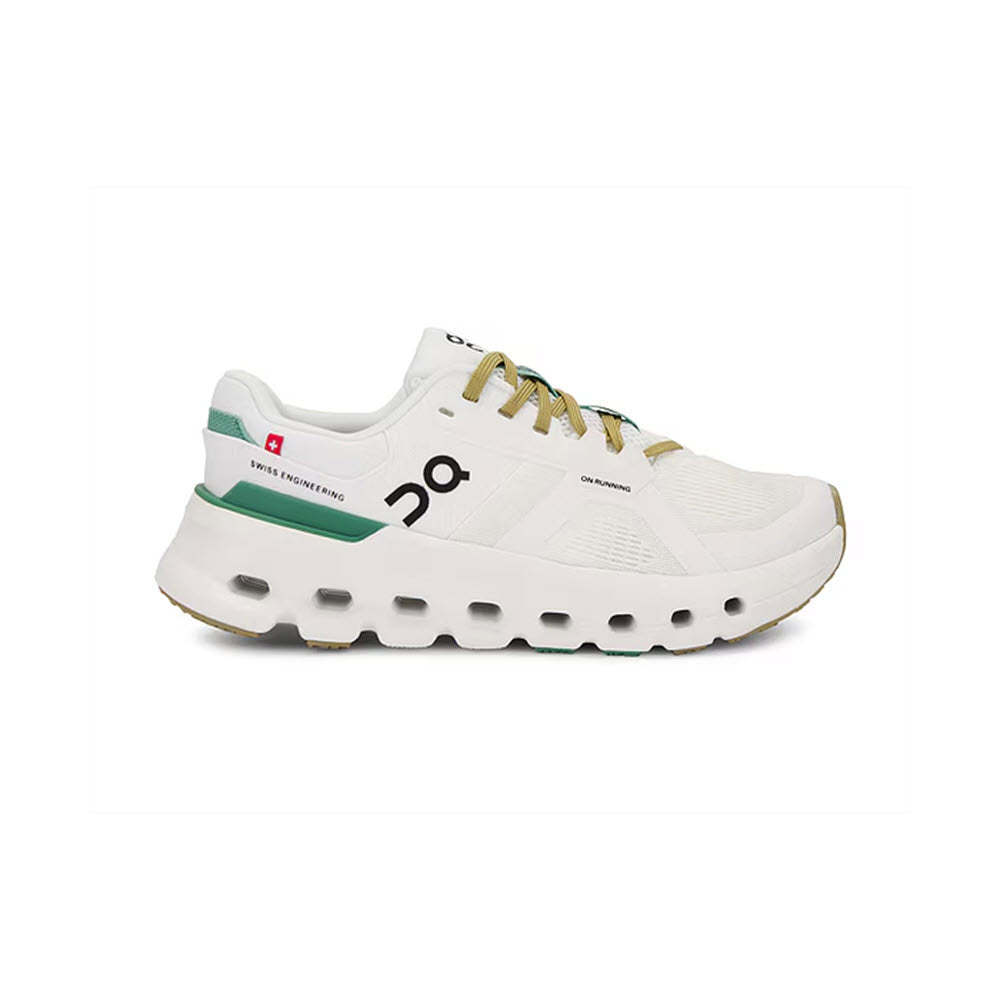 White ON CLOUDRUNNER 2 UNDYED/GREEN - WOMENS athletic sneaker with gold accents, featuring a chunky sole and enhanced cushioning for comfort, along with visible On Running branding on the side and heel.