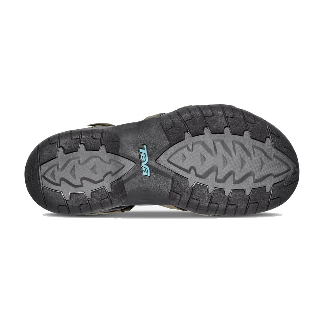 Bottom view of a pair of women&#39;s Teva Tirra hiking sandals displaying their rugged tread pattern.